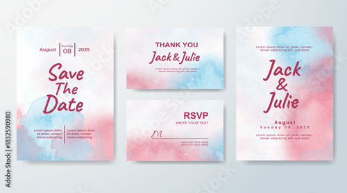 Set of Wedding invitation with abstract splash watercolor