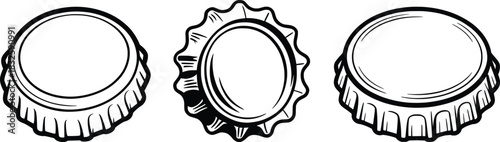 Bottle Cap Set, Detailed Metal Cap Line Art Illustration.