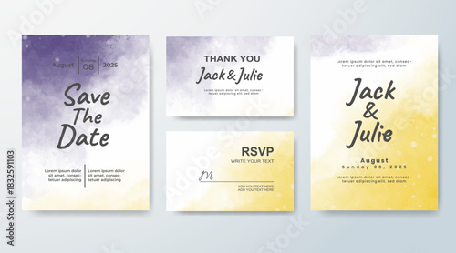Set of Wedding invitation with abstract splash watercolor
