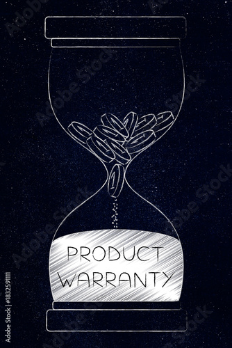 product warranty hourglass with coins turning to sand, concept of the costs associated with an expired warranty