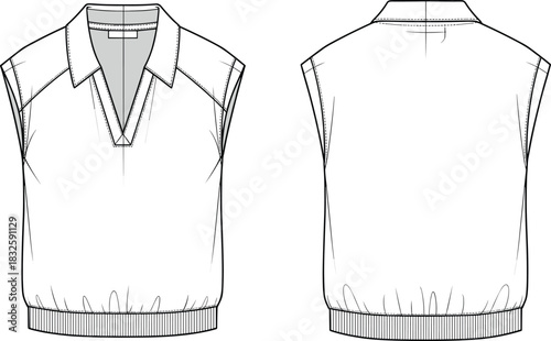 Sleeveless collared vest top technical fashion sketch with rib hem detail, garment design template, CAD drawing flat vector illustration for designers