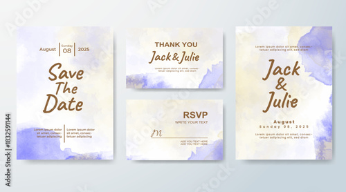 Set of Wedding invitation with abstract splash watercolor
