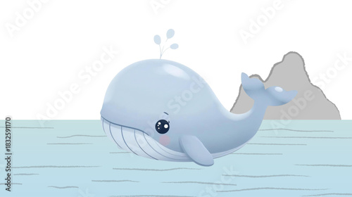 A Cute Light Blue Whale Is Swimming In The Ocean With A Grey Mountain In The Background
