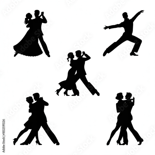 Silhouette dance couple set showing ballroom tango and partner dance poses in elegant black figures on white background for dance studio and choreography theme