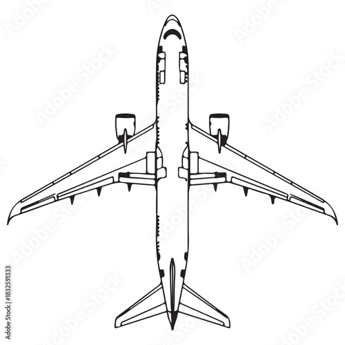 Monochrome Vector Outline of Commercial Jet Aircraft in Top View