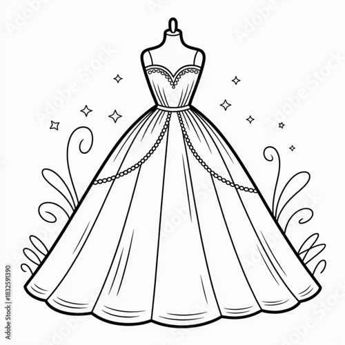 Elegant ball gown illustration on mannequin with flowing skirt decorative details and sparkles on white background for fashion and bridal design theme