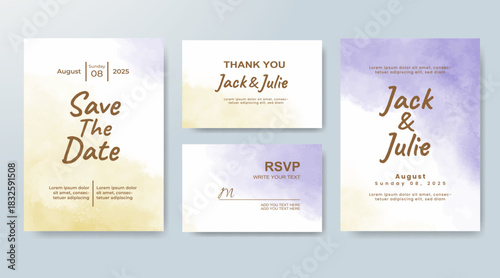Set of Wedding invitation with abstract splash watercolor