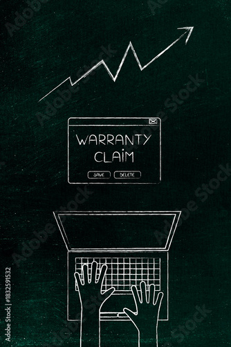 warranty claim popup message with laptop and upward arrow illustration