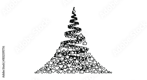 Whimsical abstract tree silhouette formed from small, diverse shapes and symbols.