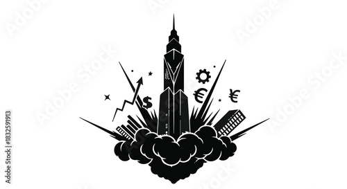 Modern skyscraper launching into success with financial symbols and gears