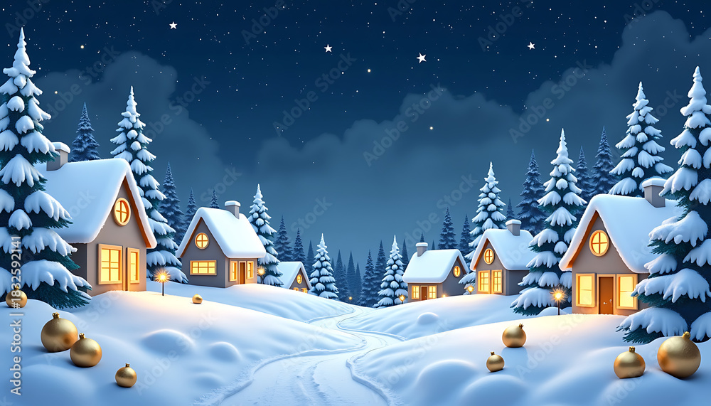 Fototapeta premium Cozy Winter Village at Night with Snow and Golden Ornaments