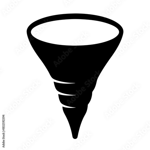 Stylized black and white graphic of a tornado or funnel shape vortex