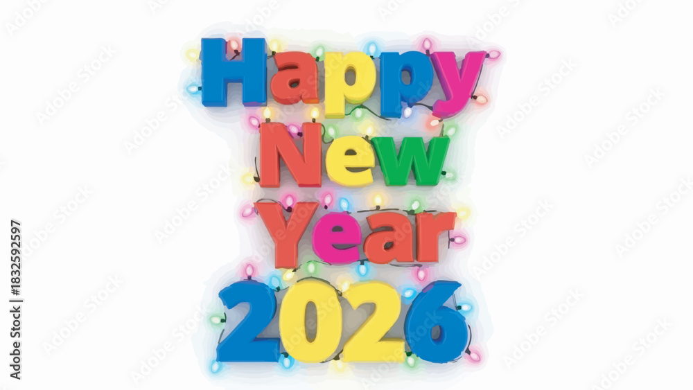 Obraz premium Happy New Year 2026 colorful 3D text isolated on white background with holiday string lights
