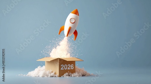 Blast off into 2026 with exciting possibilities and innovative ideas, a rocket launching from a box amidst fluffy clouds promising a bright future filled with growth and potential