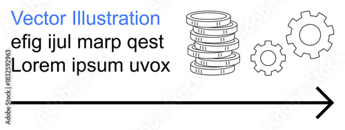 Business strategy, economic development, finance management, process improvement, technological innovation, investment analysis. Coins stacked, gears interlinked arrow pointing forward. Business