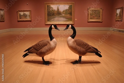 Two Canada geese stand facing each other inside a museum.