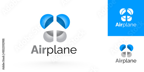Airplane logo circles plane silhouette vector blue and white background