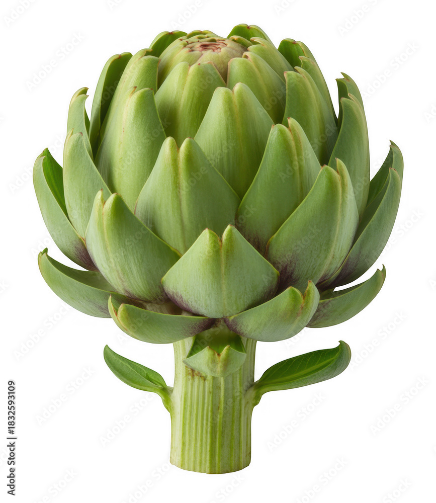 Obraz premium Fresh green artichoke vegetable with thick stem and layered petals isolated on a transparent background
