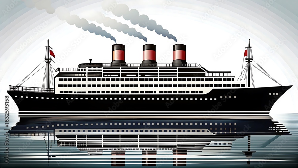 Fototapeta premium Vintage steamship sailing on calm water with reflection