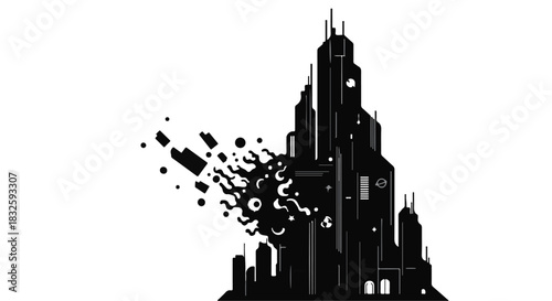 Abstract cityscape dissolving into fragmented shapes against a white background