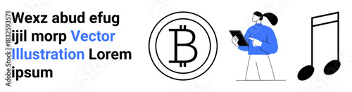Cryptocurrency, music, digital interaction, blockchain technology, modern design, virtual assets. Bitcoin coin, music note person holding a tablet. Cryptocurrency and music concept