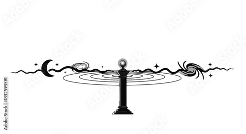 Mystical cosmic balance scale with celestial elements and swirling galaxies