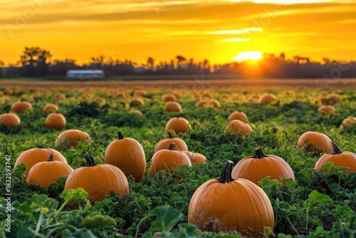 A vibrant pumpkin field bathed in the warm hues of a setting sun, with rows of orange pumpkins dotting the landscape under the golden light.