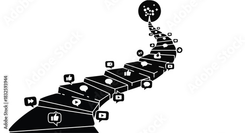 Staircase of social media icons leads to a bright goal, symbolizing online success and connection.