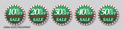 Set Of Christmas Sale Badges With Red Stripes and discounts for holiday promotions. Set of green circular sale badges with red striped rims displaying 10% to 50% off use for Christmas promotions.
