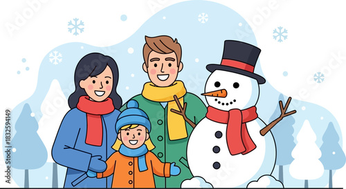 Happy family building a snowman in snowy winter landscape with snowflakes falling, creating a joyful and festive holiday scene.