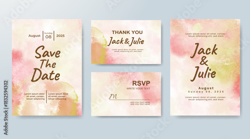 Set of Wedding invitation with abstract splash watercolor
