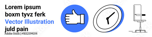 User interface, time management, productivity tools, office setup, workspace design, app development. Thumbs up icon, a clock and an office chair . of productivity and time management