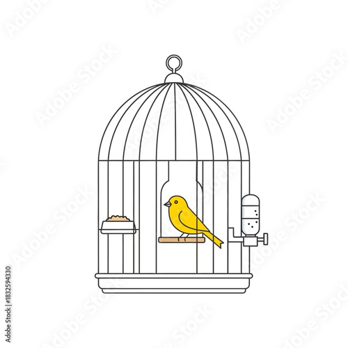 Yellow Canary Bird Perched Inside a Black and White Cage Illustration