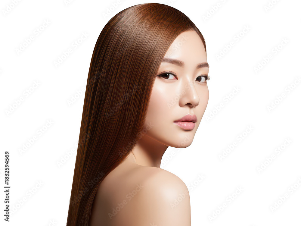 Naklejka premium Young asian woman with lustrous long brown hair and glowing skin looking back.