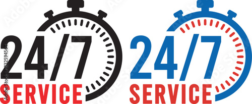 Set of 24/7 SERVICE icons featuring a stopwatch timer in black and blue color options, vector graphic