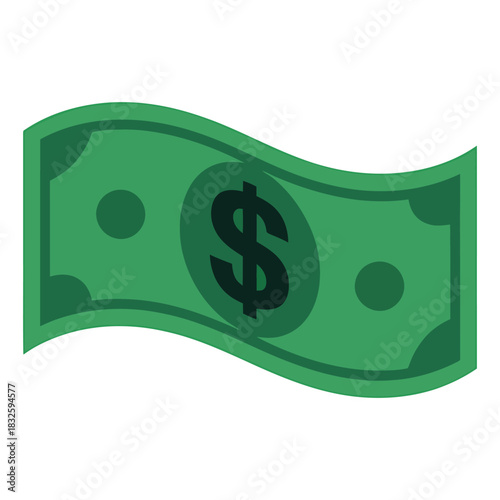 Waving green banknote icon with a dollar sign symbol in the center, representing money, finance, and currency concept