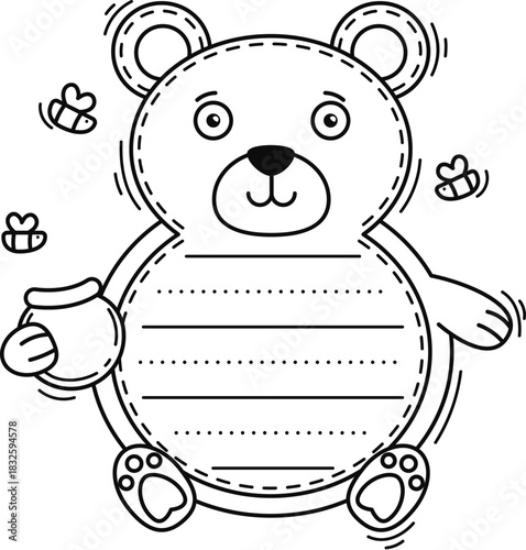 Grizzly bear cheerful animal kids memo note frame. Schedule page vector sticker, wild animal scrapbook memo note. Children planner list frame with bees and bear funny character holding honey jar