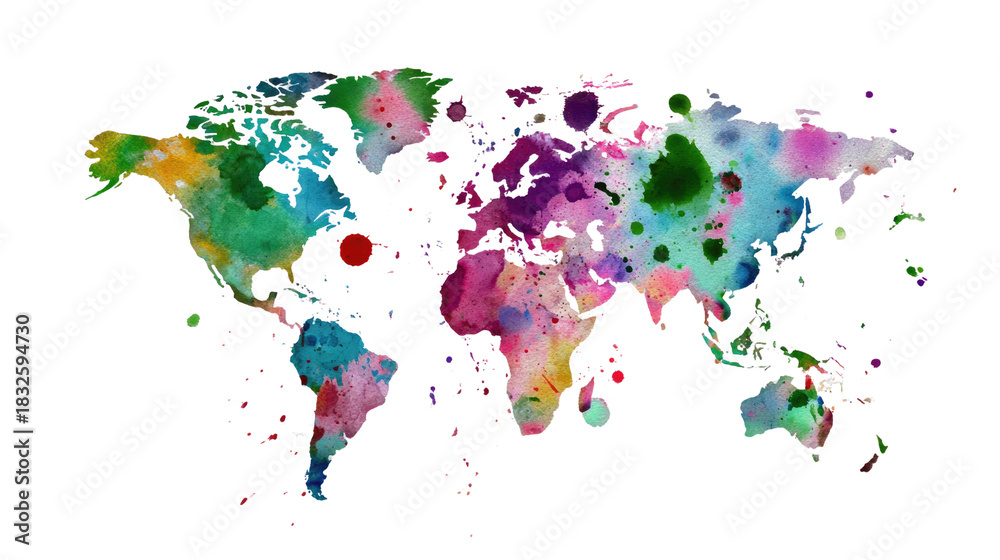 Fototapeta premium Global Watercolor: A vibrant, abstract rendering of the world map in a splash of watercolor, celebrating diversity and the interconnectedness of global landscapes.