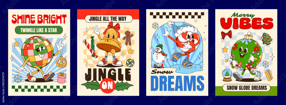 Fototapeta premium Vintage Christmas groovy hippie characters xmas posters. Vector retro holiday disco ball, Christmas bell, festive ornament and candy on ice skates, surrounded by snowflakes, bows and seasonal gifts