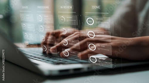 Task management tool dashboard showing kanban-style workflow with columns for to do, in progress, in review, and done, including task cards, progress, and team icons Marrow