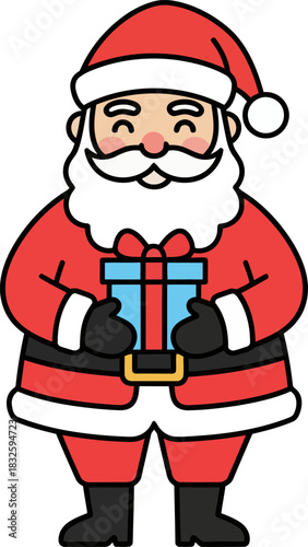 Smiling santa claus holding a blue gift box in a festive christmas scene, spreading joy and holiday cheer to everyone around him.