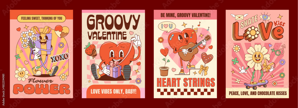 Fototapeta premium Valentine groovy hippie love characters posters with funky heart and flower, cartoon vector. Valentine day Y2K groovy funny heart character with guitar, love gift and daisy flower on retro posters