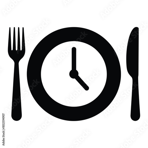 Black and white icon representing meal time or eating schedule with a clock face inside a plate, flanked by a fork and knife