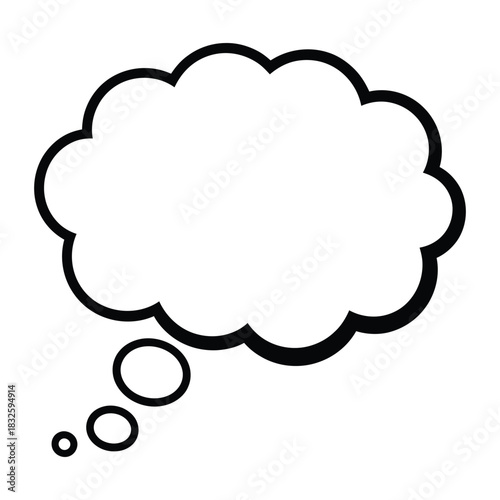 Black and white outline drawing of a thought bubble with three small circles leading to it, perfect for representing thinking, ideas, or speech in a simple graphic style
