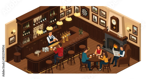 Classic  British Pub Bar Vector – Traditional British Tavern with Beer, Ale, and Rustic Interior isomatric vector Illustration