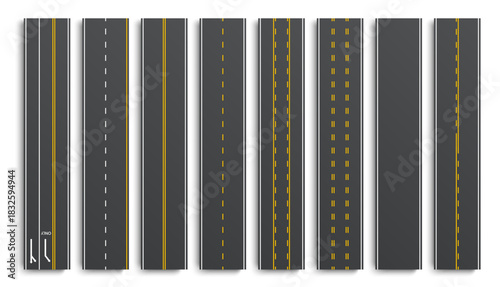Realistic top view of asphalt vector highway and road segments with dashed, solid and double lines and directional arrows. Map, game interface, driving lessons, traffic education road segments