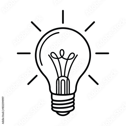 Simple line art icon of a glowing light bulb symbolizing idea, innovation, and creativity