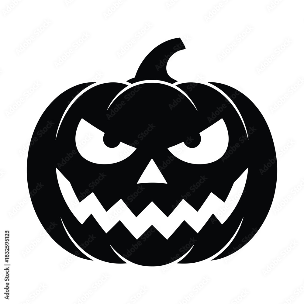 Fototapeta premium Black silhouette of a scary jack o lantern pumpkin face with evil eyes and jagged teeth