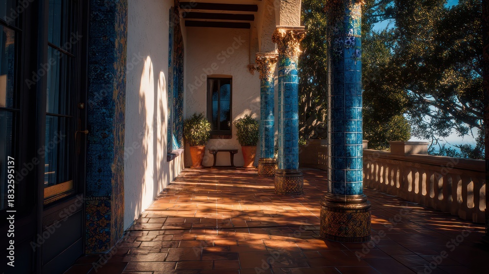 Fototapeta premium Mediterranean-style mansion balcony with aged terracotta floors and blue mosaic columns natural sunlight casting rim light across edges