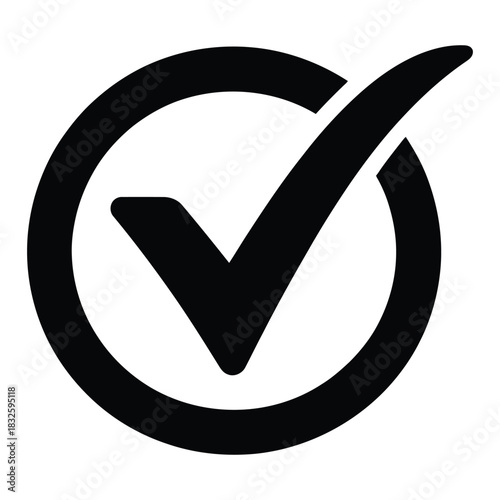 Black and white simple icon of a check mark inside a circle, representing confirmation, approval, or completion
